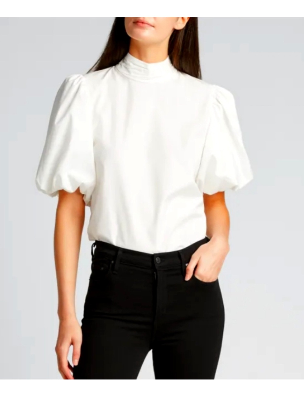 Frame Margot Short Puff-Sleeve Cotton Top White Mockneck - Picture 2 of 7
